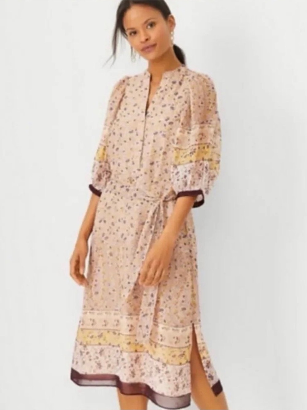 ANN TAYLOR BOHO Floral Midi Dress in Taupe and Gold - XXS Petite